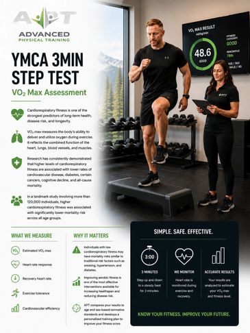 Trainer supervising a man doing a step test to assess VO2 max at a gym.