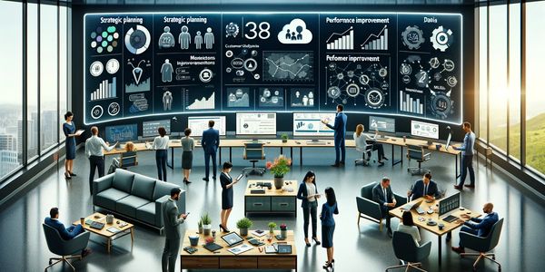 A futuristic office with business professionals analyzing data on large digital dashboards displaying strategic planning, performance metrics, and customer analytics.