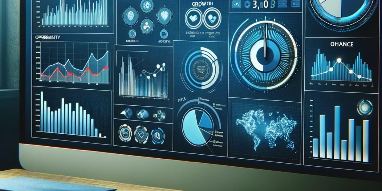 A high-tech computer monitor displaying interactive data dashboards with financial metrics, sales analytics, performance KPIs, and business intelligence insights, representing data-driven decision-making at Data Visuals MAD.