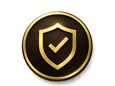 Gold shield with checkmark icon on black background.