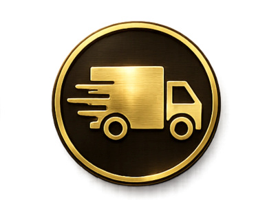 Gold delivery truck icon on black background.