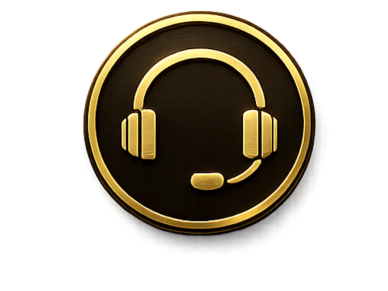 Golden headset icon with microphone on black background.