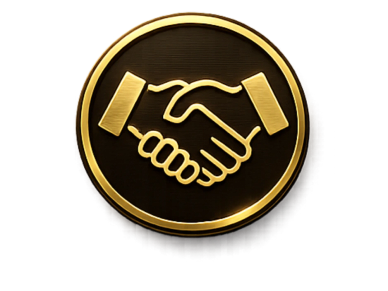 Golden handshake icon on black background.