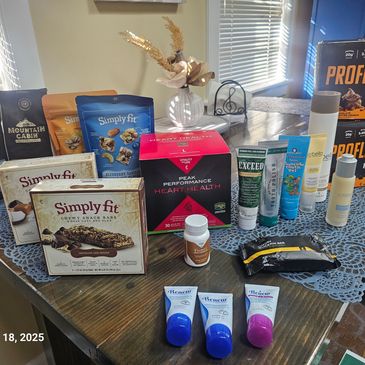 Health and wellness products displayed on a table.