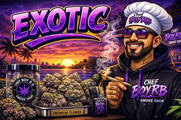 Colorful illustration of a man smoking, surrounded by cannabis products at sunset.