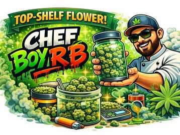 Cartoon chef showcasing jars of cannabis buds labeled 'Chef Boy RB'.