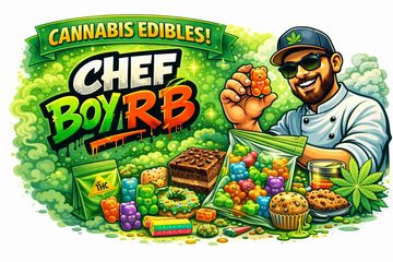 Colorful cartoon chef showcasing cannabis edibles with a variety of treats.