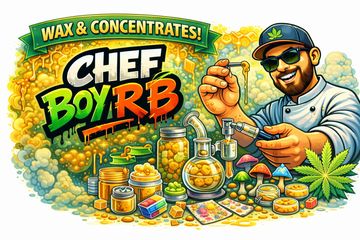 Colorful illustration of a chef with cannabis concentrates and mushrooms.