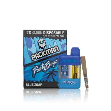 Packman PartyBoyz Blue Zoap 2G disposable vape and packaging.