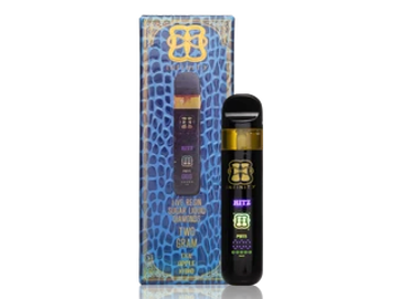 Sleek black vape pen with blue reptile-patterned packaging.