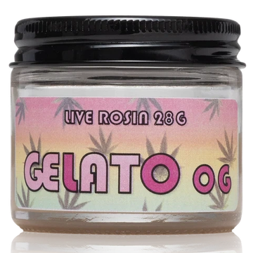 A jar of Gelato OG live rosin with a colorful label and black lid.