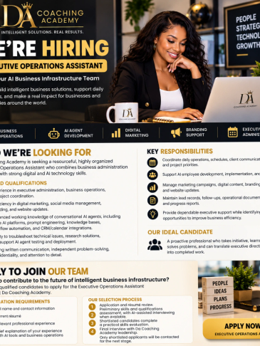 Hiring Executive Operations Assistant at DA Coaching Academy.