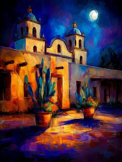 Colorful night scene of a historic building under the moonlight.