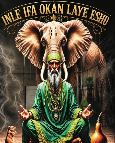 Elderly man meditating with elephant behind him.