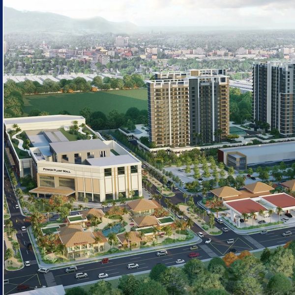 Aerial view of modern residential and commercial buildings.
