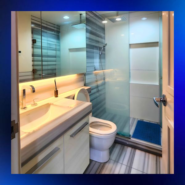 Modern bathroom with glass shower and sleek sink.