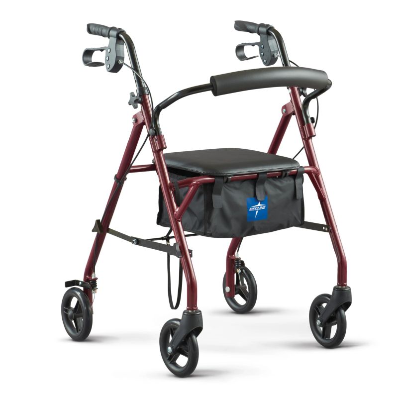 Burgundy four-wheel rollator with seat and storage bag