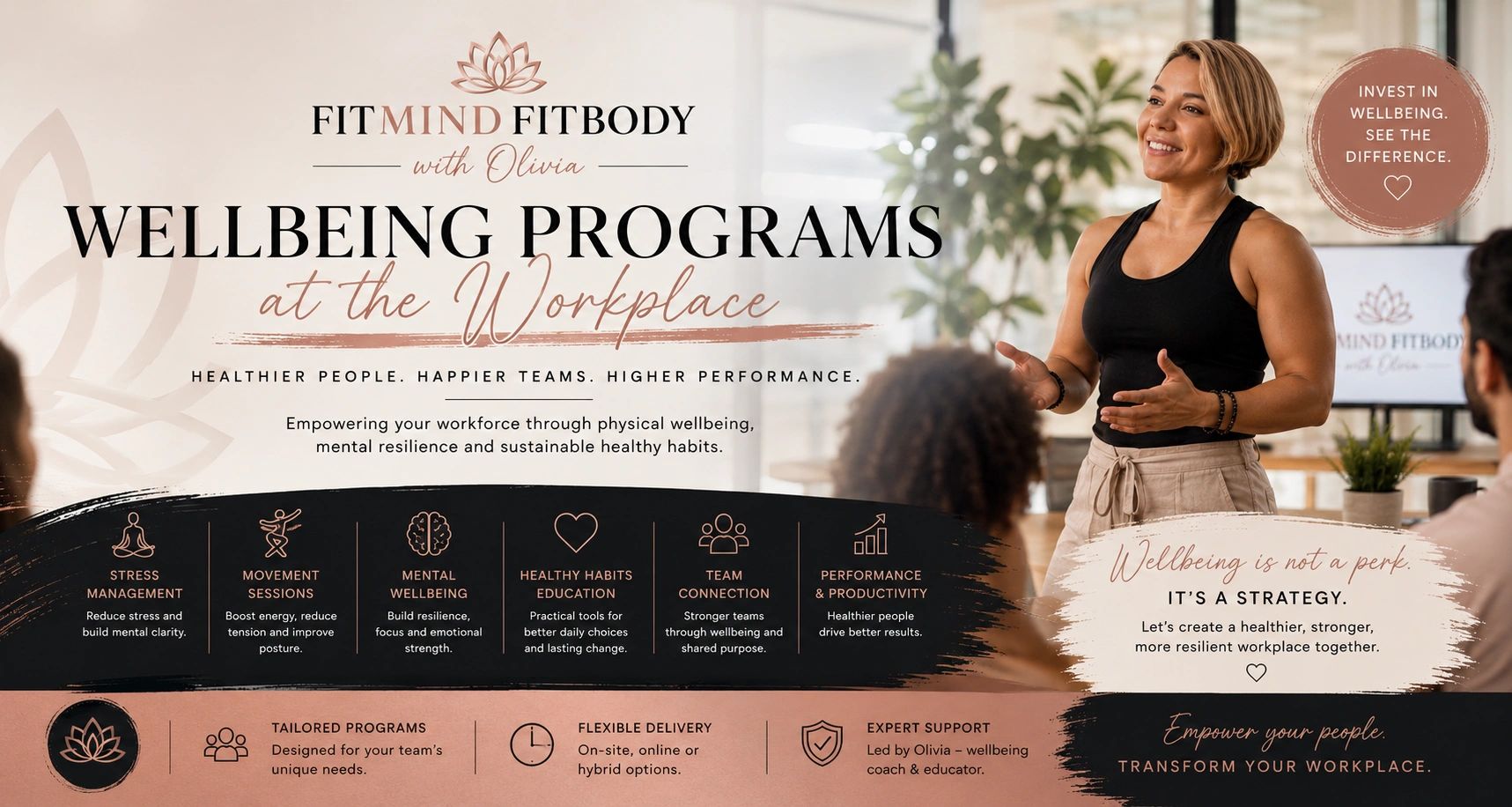 Wellbeing programs at the workplace to boost health and productivity.