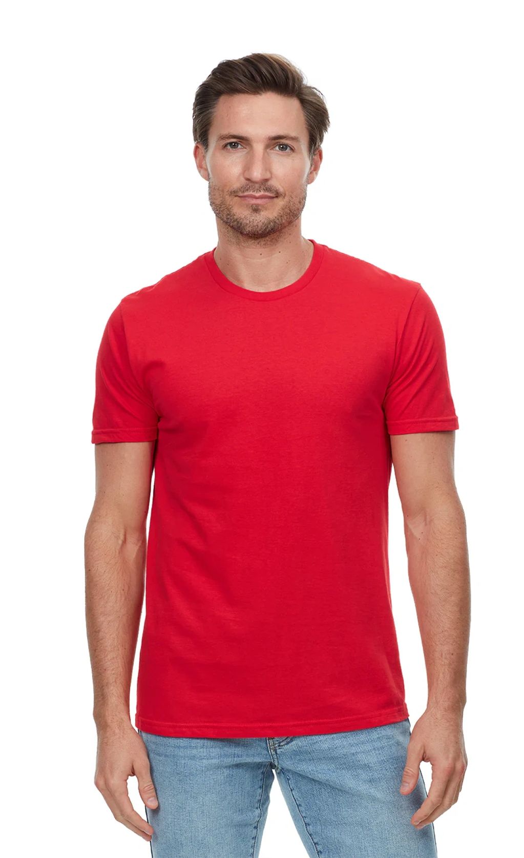 A man wearing a plain red t-shirt and light blue jeans.