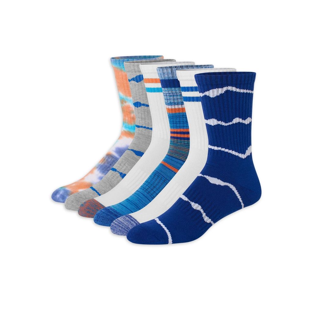 A set of six colorful socks with various patterns and stripes.