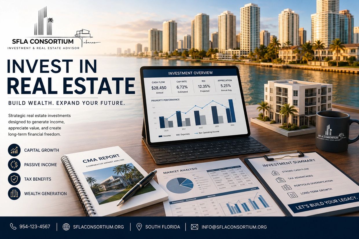Investment overview and reports on a desk with a city skyline in the background.