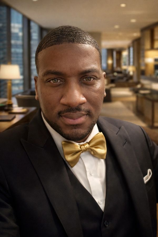 Man in a black suit with a gold bow tie in a sophisticated indoor setting.
