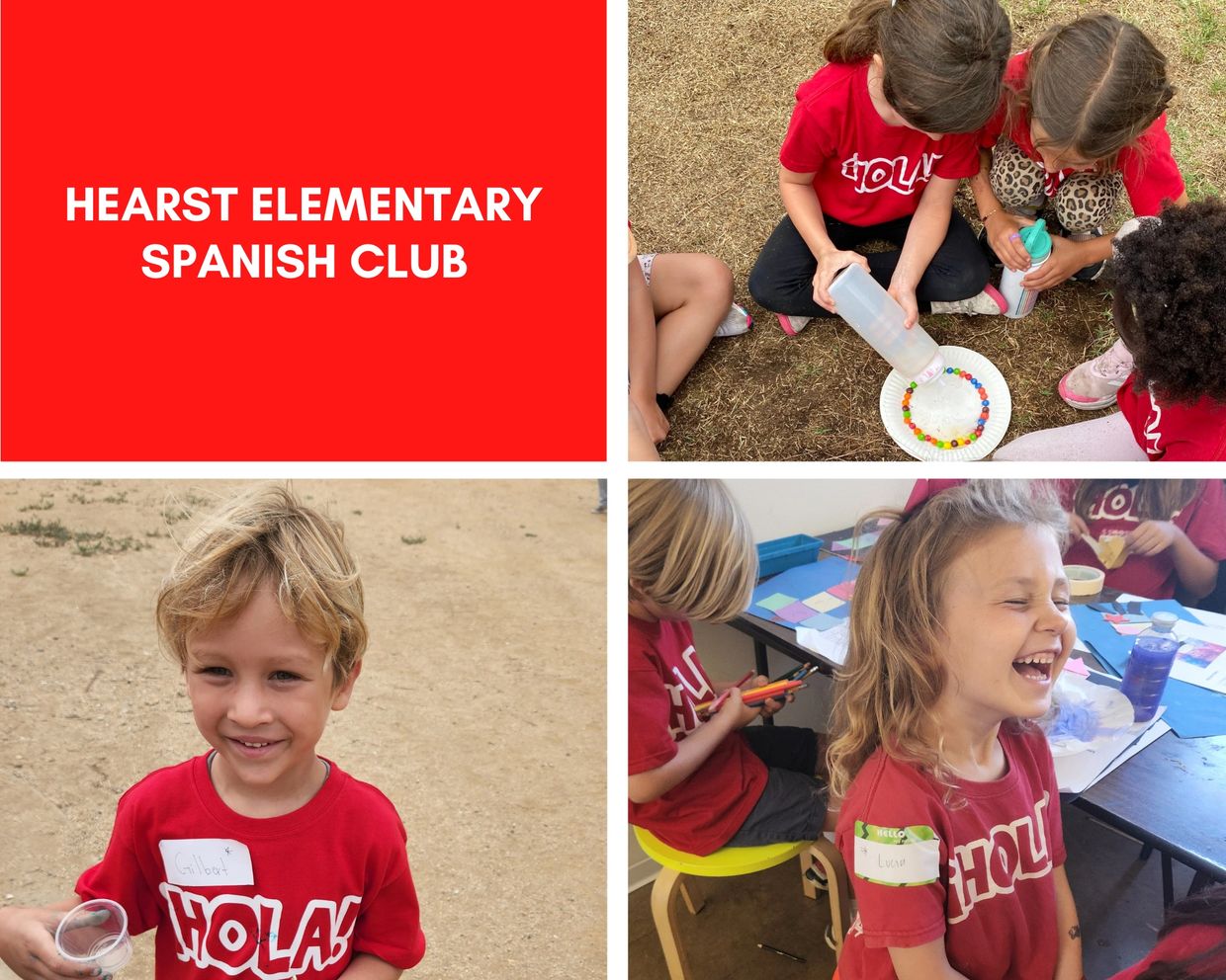Children in red shirts enjoy activities at Hearst Elementary Spanish Club.