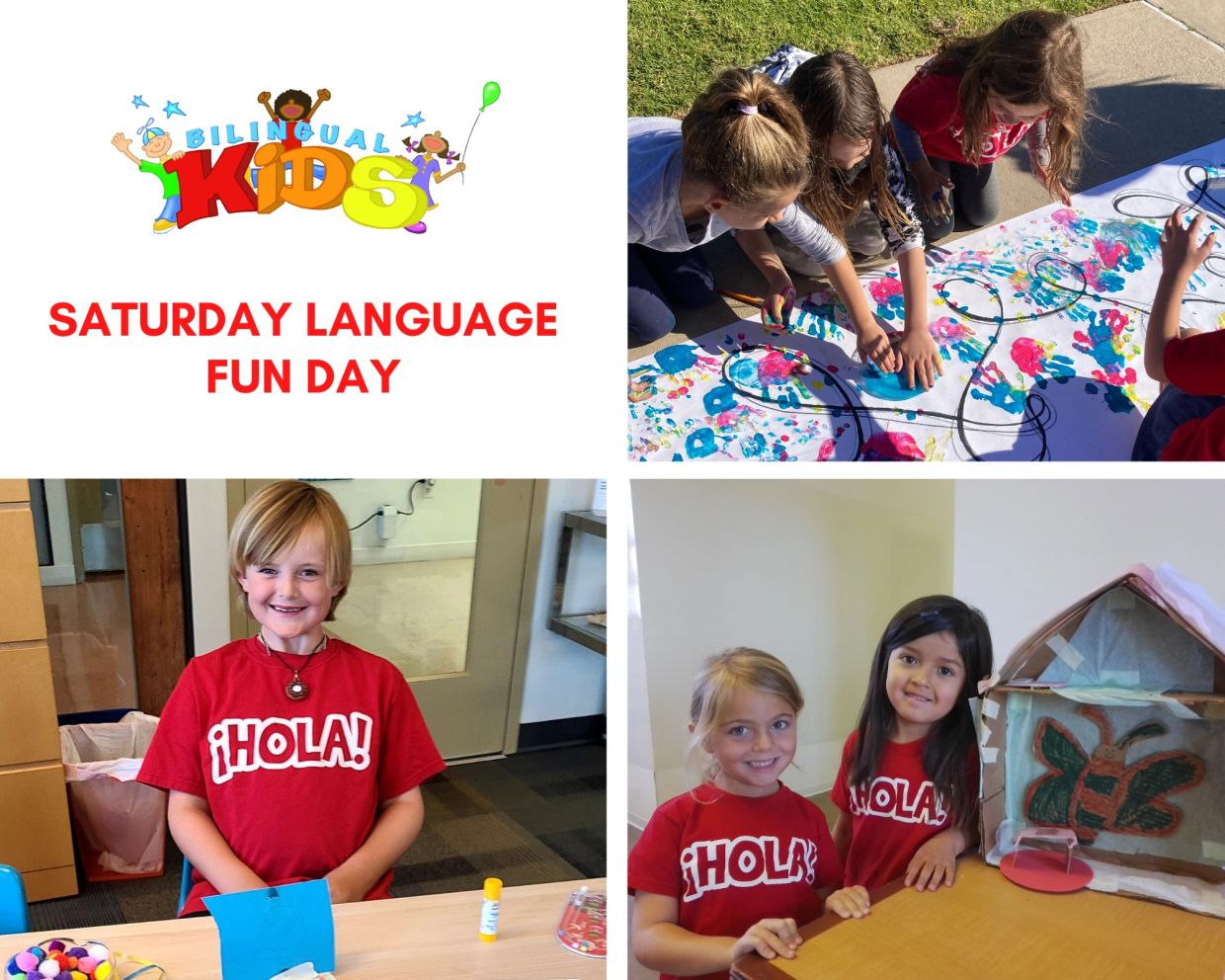 Kids enjoying Saturday Language Fun Day with arts, crafts, and smiles in matching ¡HOLA! shirts.