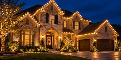 House decorated with warm holiday lights at night.