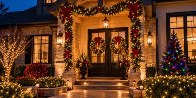 Elegant house entrance decorated with Christmas lights and wreaths.