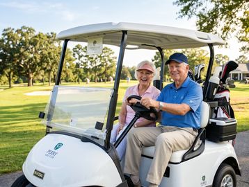 An elderly couple enjoys a golf cart ride on a sunny day.