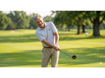 Older man swinging a golf club on a sunny golf course.