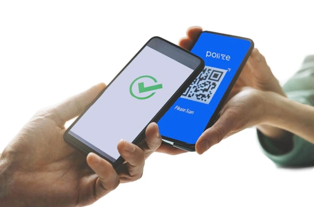 User two hands holding smartphone, Law enforcement scanning a QR code on the other.