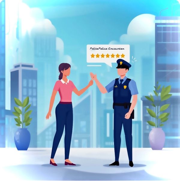 Woman and police officer fist bump with a 5-star rating above.