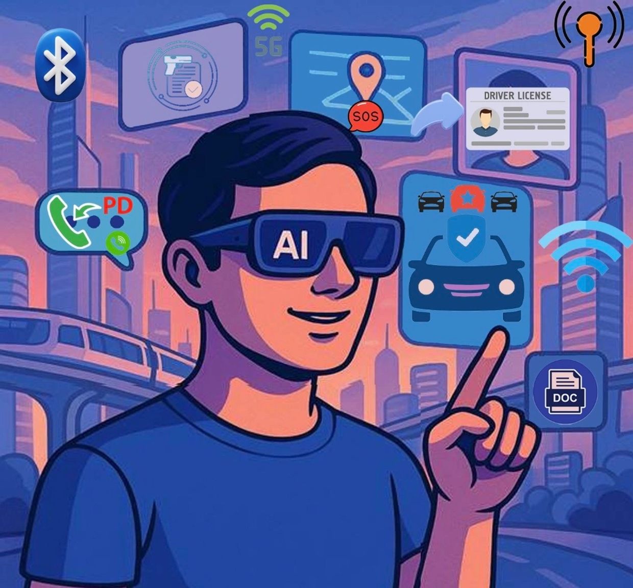 AI-powered smart glasses managing vehicle and personal data with connectivity features.