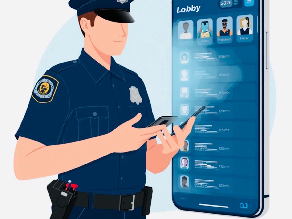 Police officer using a smartphone with a digital lobby interface on a large screen.