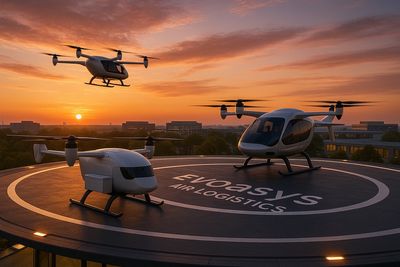 Three futuristic EVTOL aircraft on a rooftop at sunset.