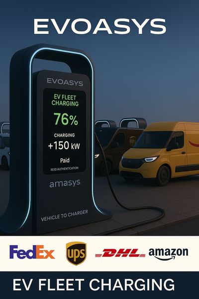 EV fleet charging station powering delivery vans from major companies.