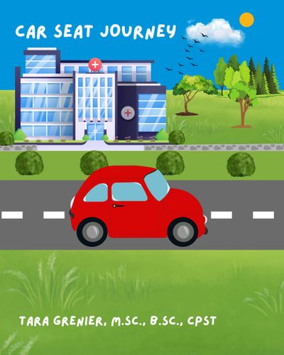 Illustration of a red car on a road with a hospital in the background and text about car seat journey.