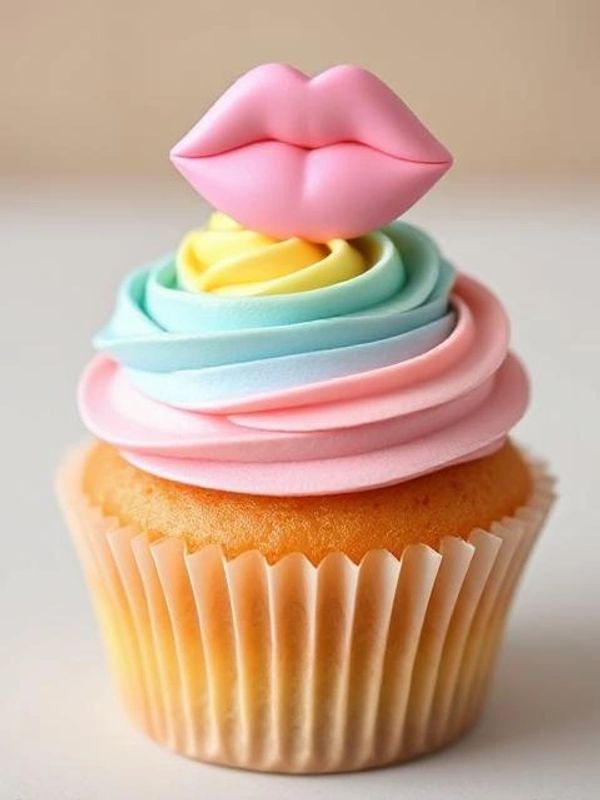 The' Fun Kissed' Cupcake 
Pastel rainbow Frosting, Fondant Lips,
Raspberry and Pineapple Centre 