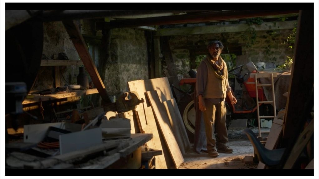 Man standing in a cluttered workshop lit by warm sunlight.