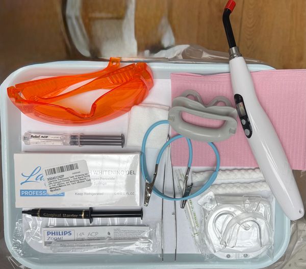 Dental whitening kit with protective glasses and curing light on tray.