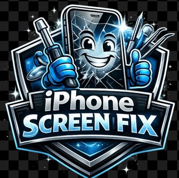 Cartoon logo of happy cracked iPhone with repair tools and 'iPhone Screen Fix' text.
