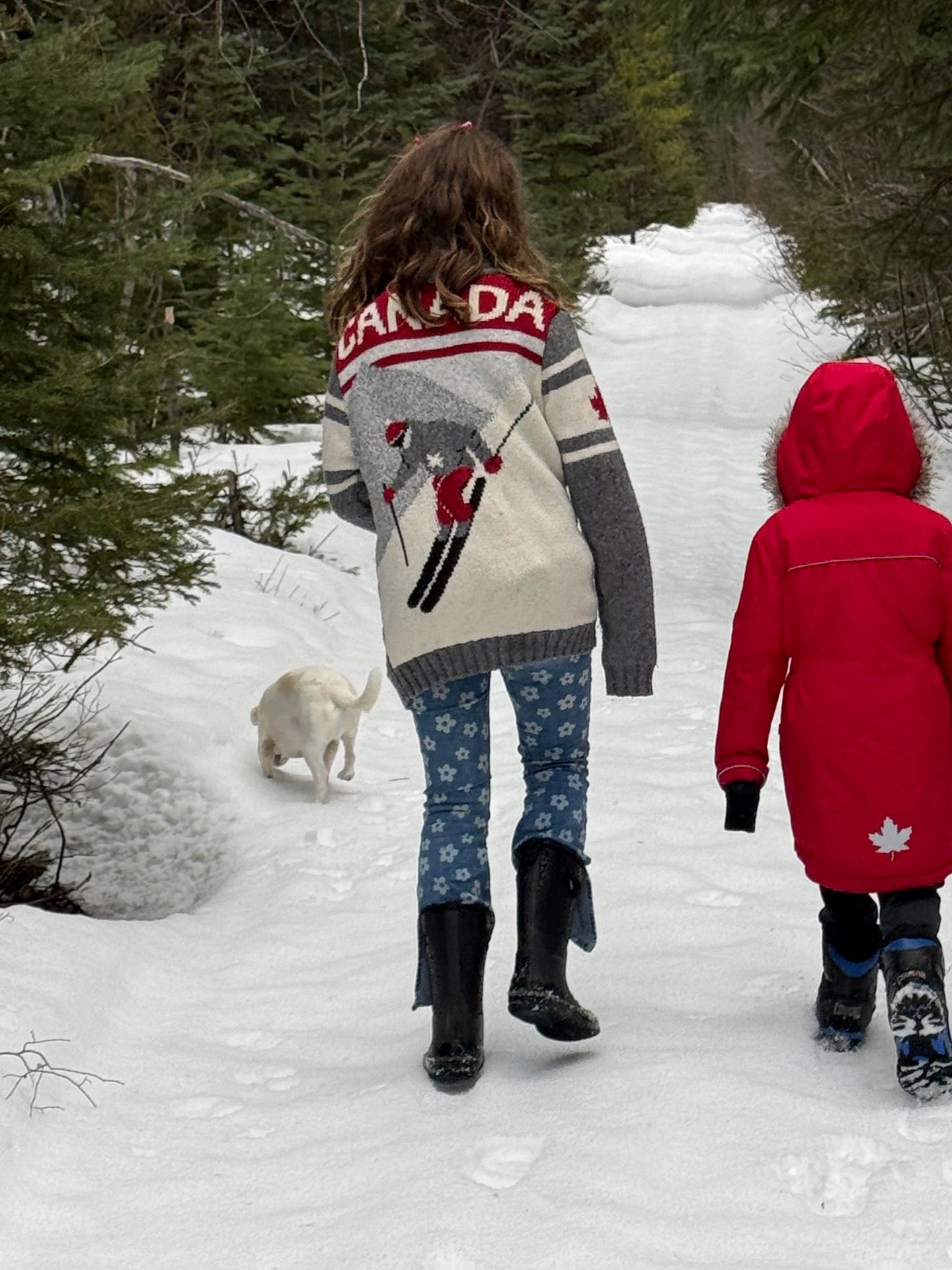 Kids and their dog on a winter walk at pet-friendly McCulloch Lake Cabins near Kelowna.