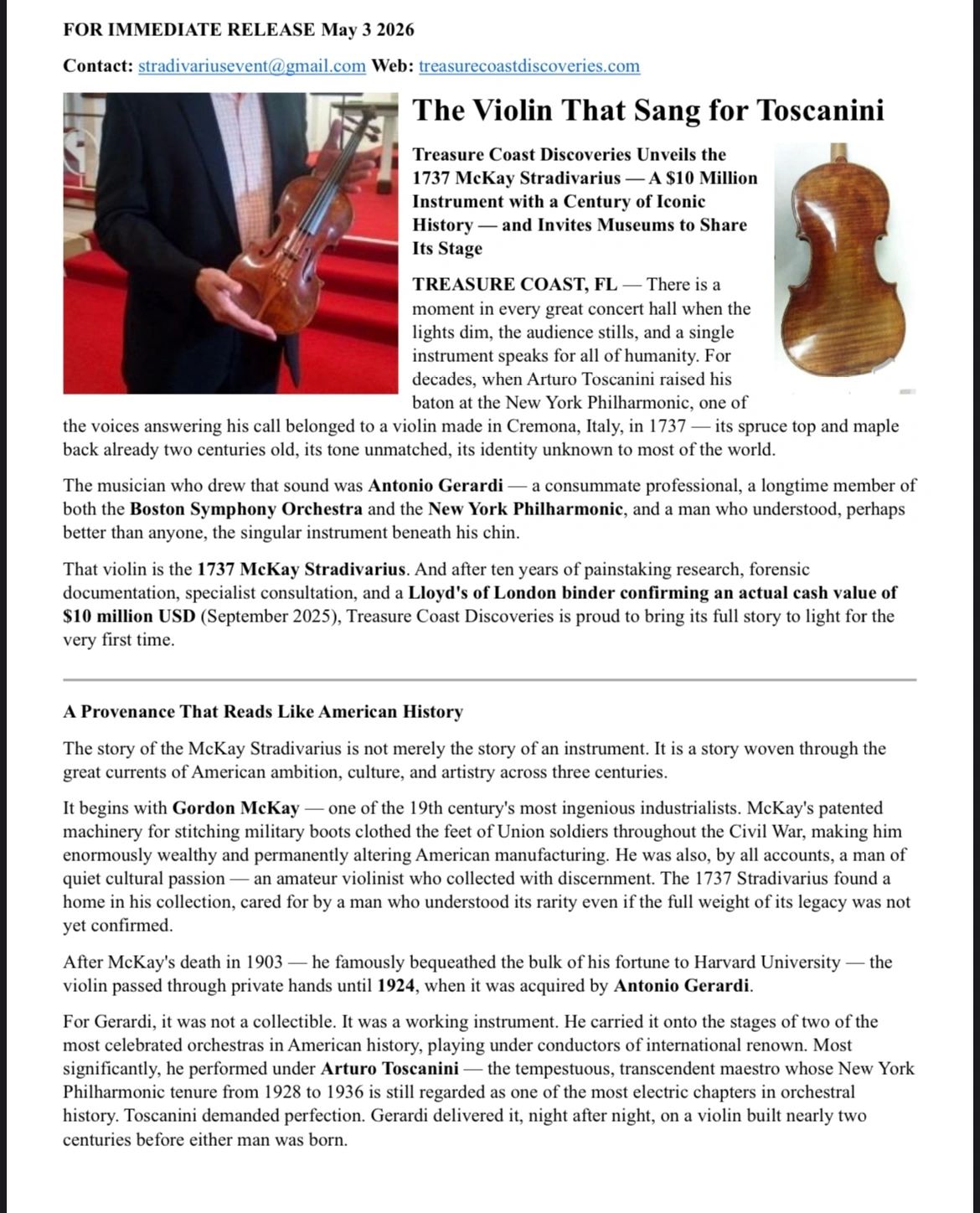The 1737 McKay Stradivarius violin, valued at $10 million, once played by Arturo Toscanini.