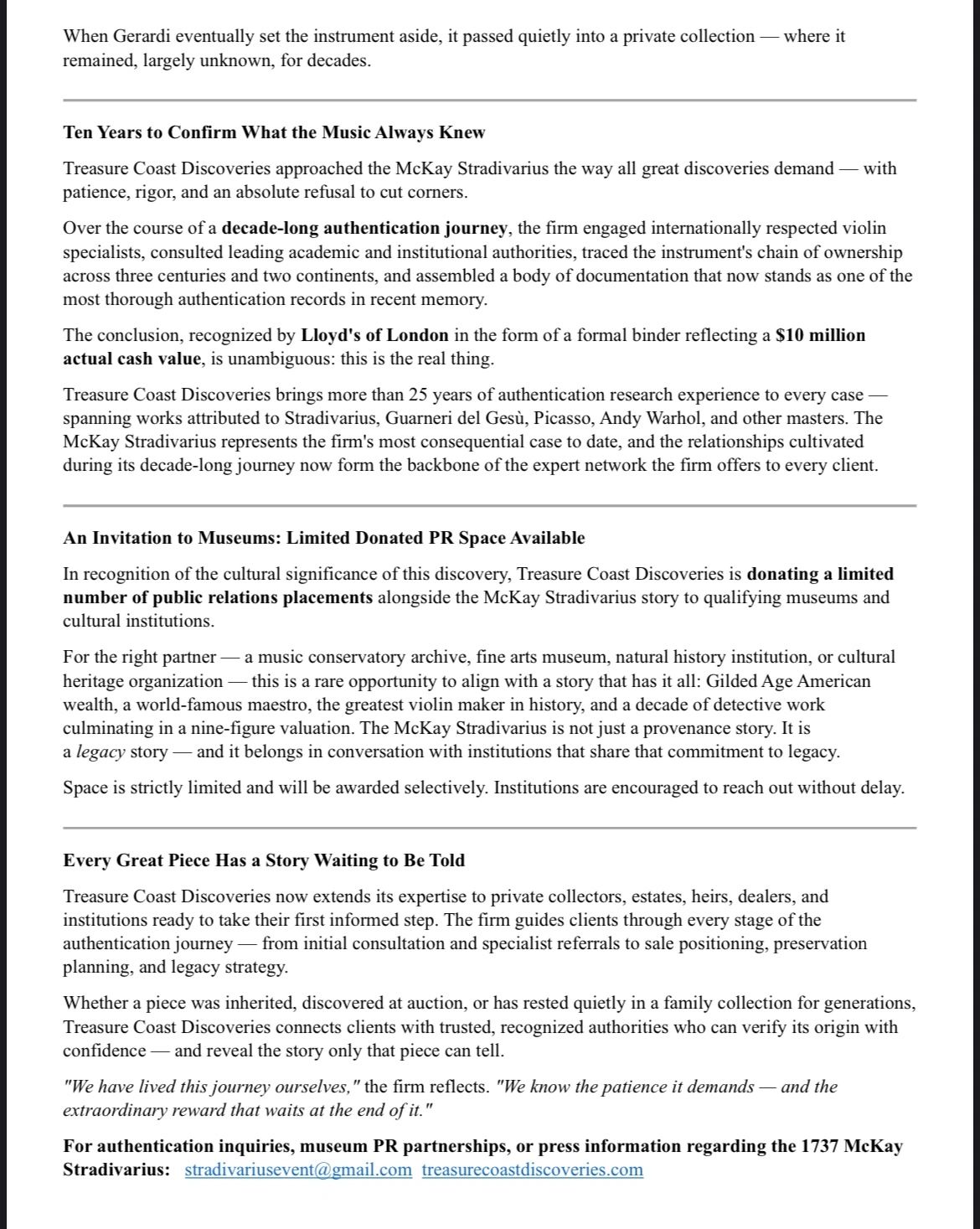 Text detailing the decade-long authentication and museum PR opportunity for the McKay Stradivarius violin.