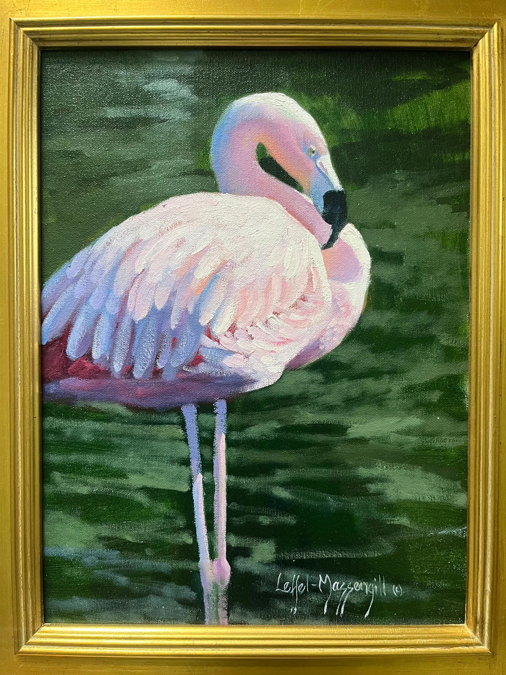 A painting of a pink flamingo standing on one leg.