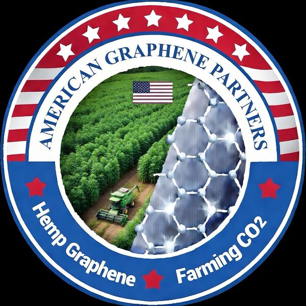 Logo of American Graphene Partners with hemp field and graphene illustration.