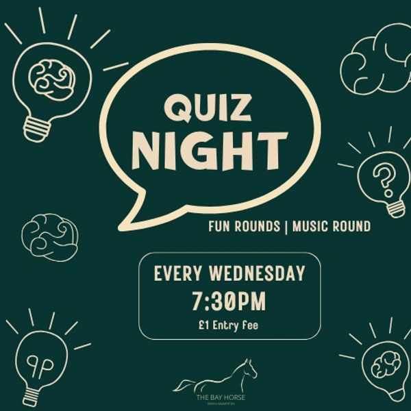 Quiz Night every Wednesday at 7:30 PM with fun rounds.