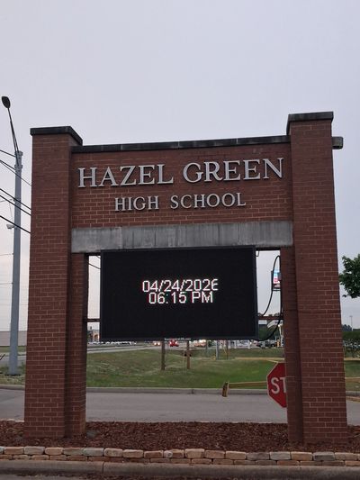 This photo features the brick entrance sign for Hazel Green High School in Hazel Green, Alabama.